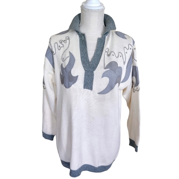 Vintage Western Boho Sweater Leather Studded Details Southwestern Neutral Rare - Picture 3 of 11